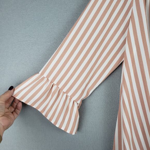 Andree By Unit Size S Ruffle Sleeve Tie Up Button Down Mauve Pink Stripe Beachy - Picture 2 of 9